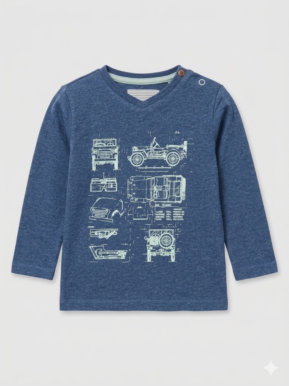 Noppies Navy Blue Long Sleeve Tee with Light Blue Vehicle Blueprint